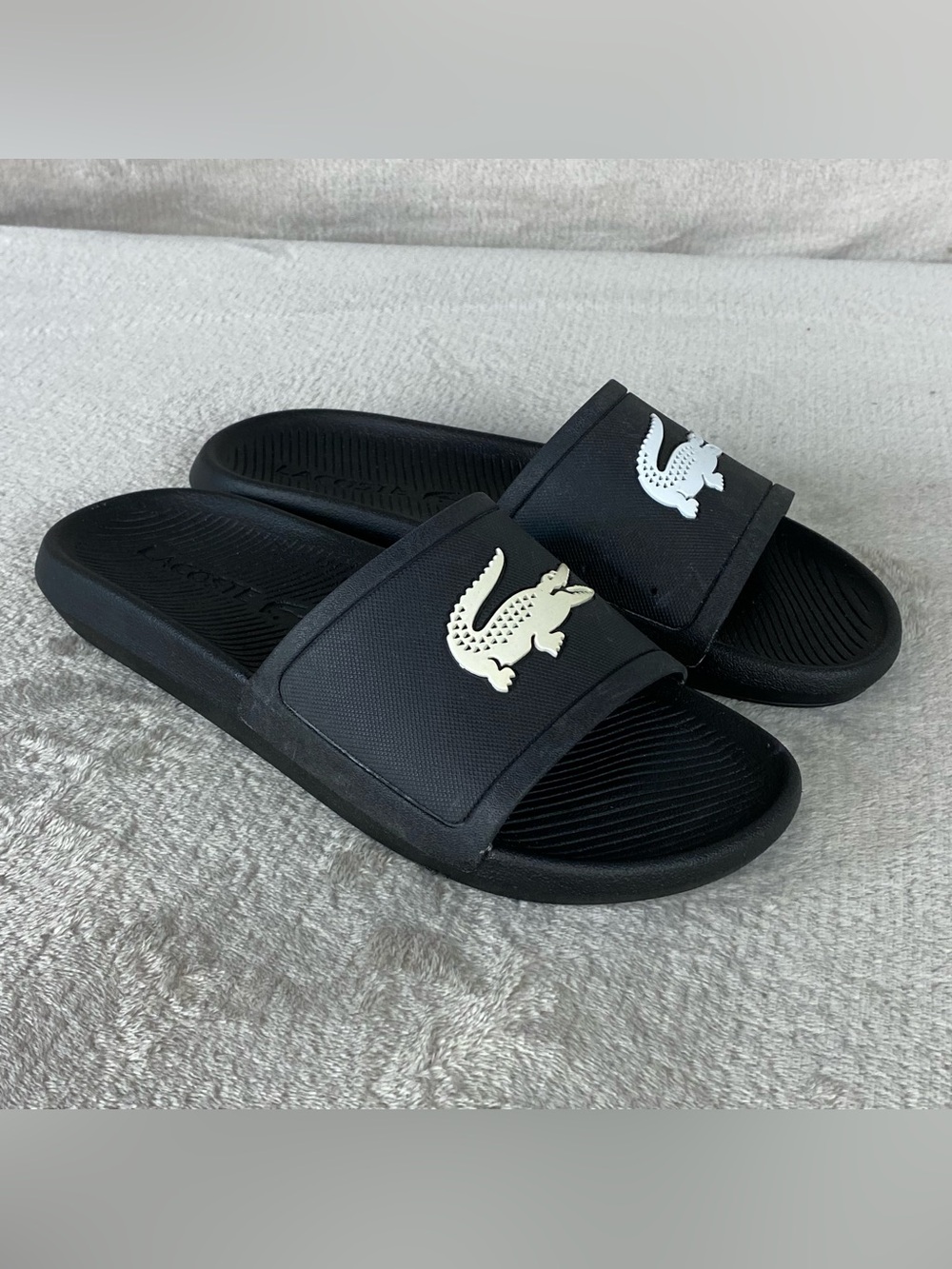LaCoste Croco Slide Shoes‎ Mens Size 8 Black Comfort Sandals Logo NEW